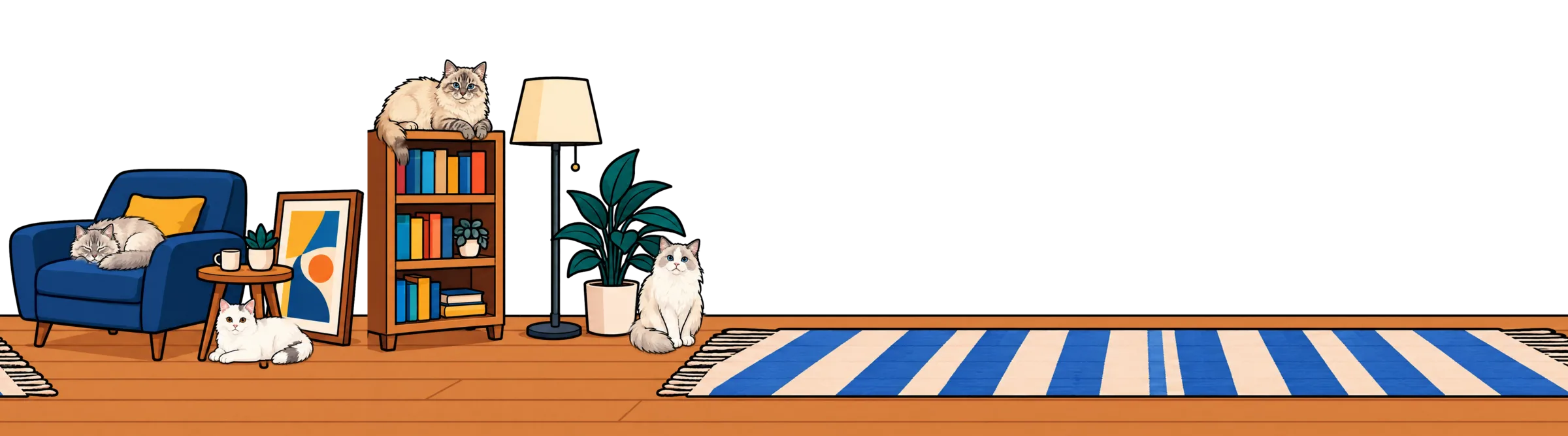 A cozy room with a bookshelf, a floor lamp, a plant, a striped rug, and an armchair. Four more cats rest on the shelf, the floor, the chair, and under the side table.